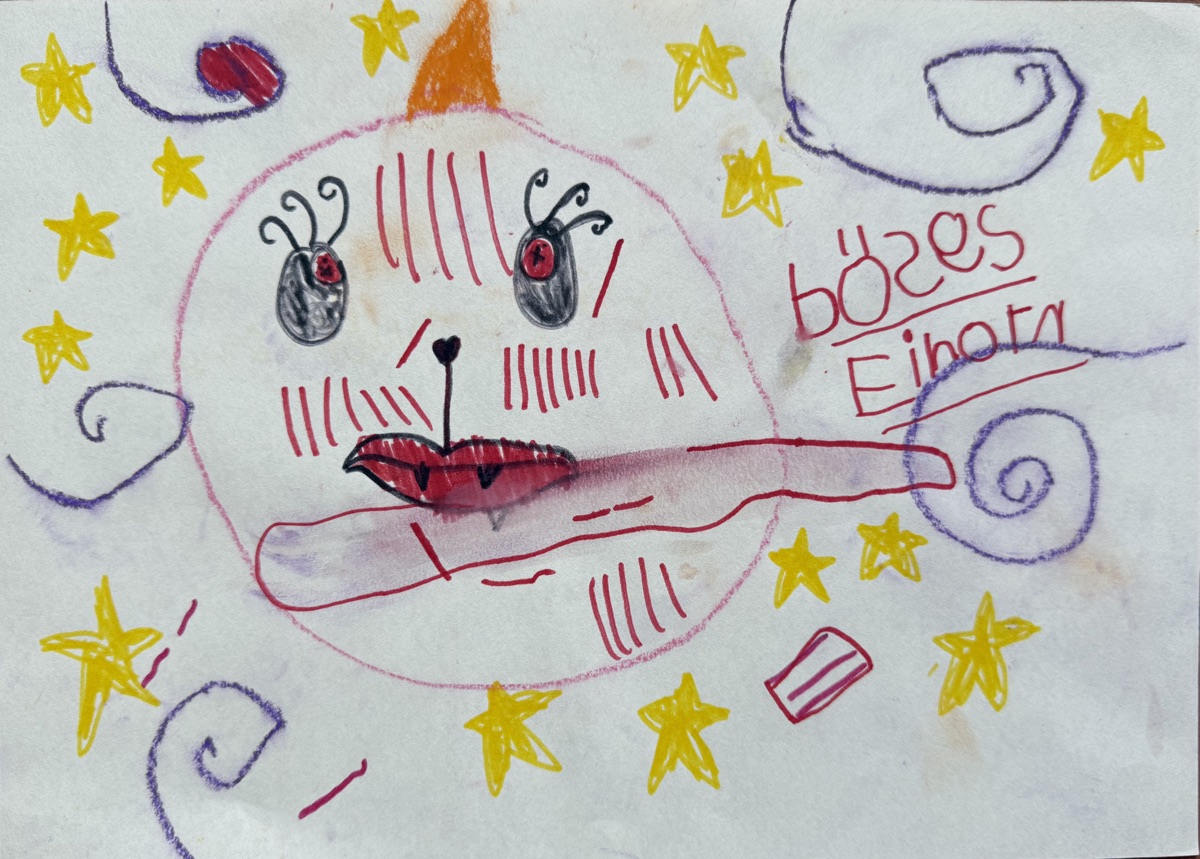 Alya Kubalic, 5 Jahre, Böses Einhorn, Mischtechnik